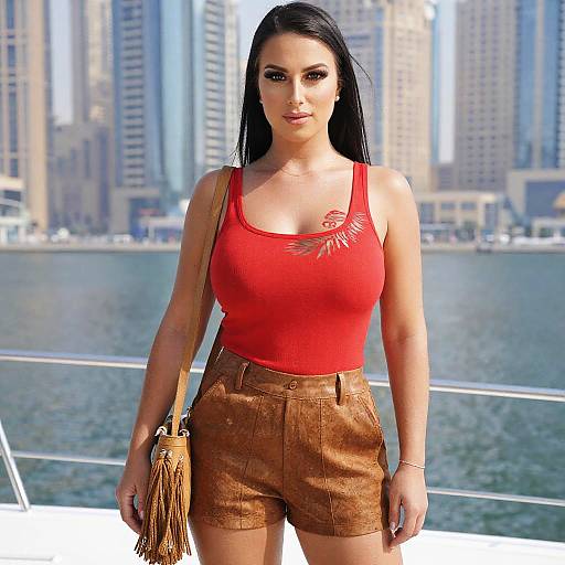 Digital art of a curvy woman with long black hair, wearing a red tank top and brown shorts, standing on a boat against a city skyline with