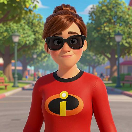 Female Superhero in Red Costume with Sunglasses