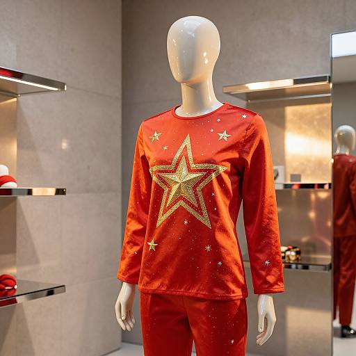 Photograph of a faceless mannequin wearing a red sweatshirt with a large gold star and smaller stars, paired with red pants, in a