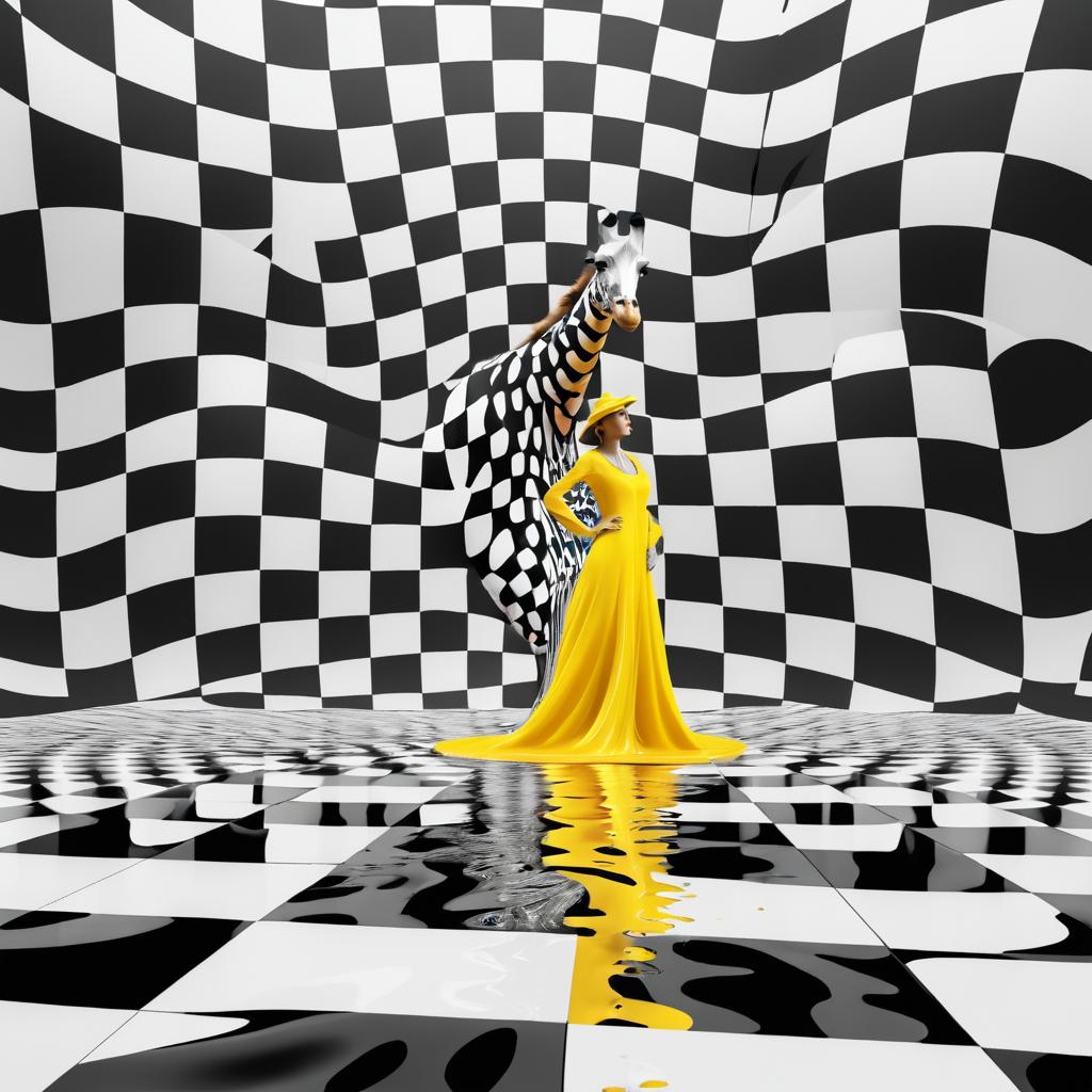 Surreal Giraffe Lady in Checkerboard Liquid