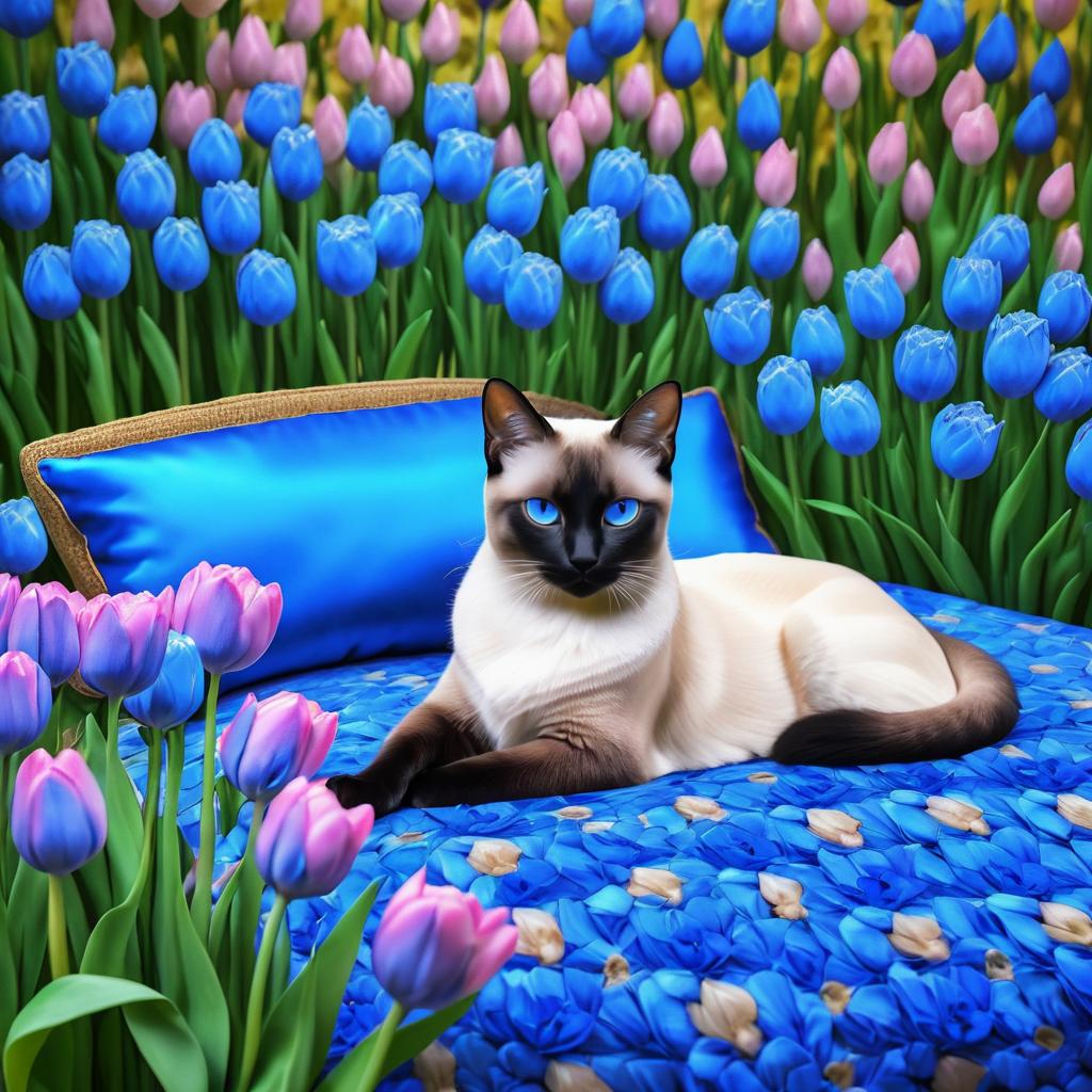 Siamese Cat Amidst Tulips in Vermeer Style