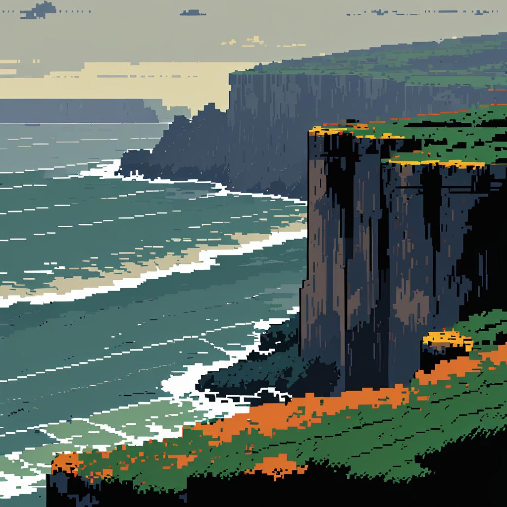 Pixel Art of Stormy Cliffs in Mist