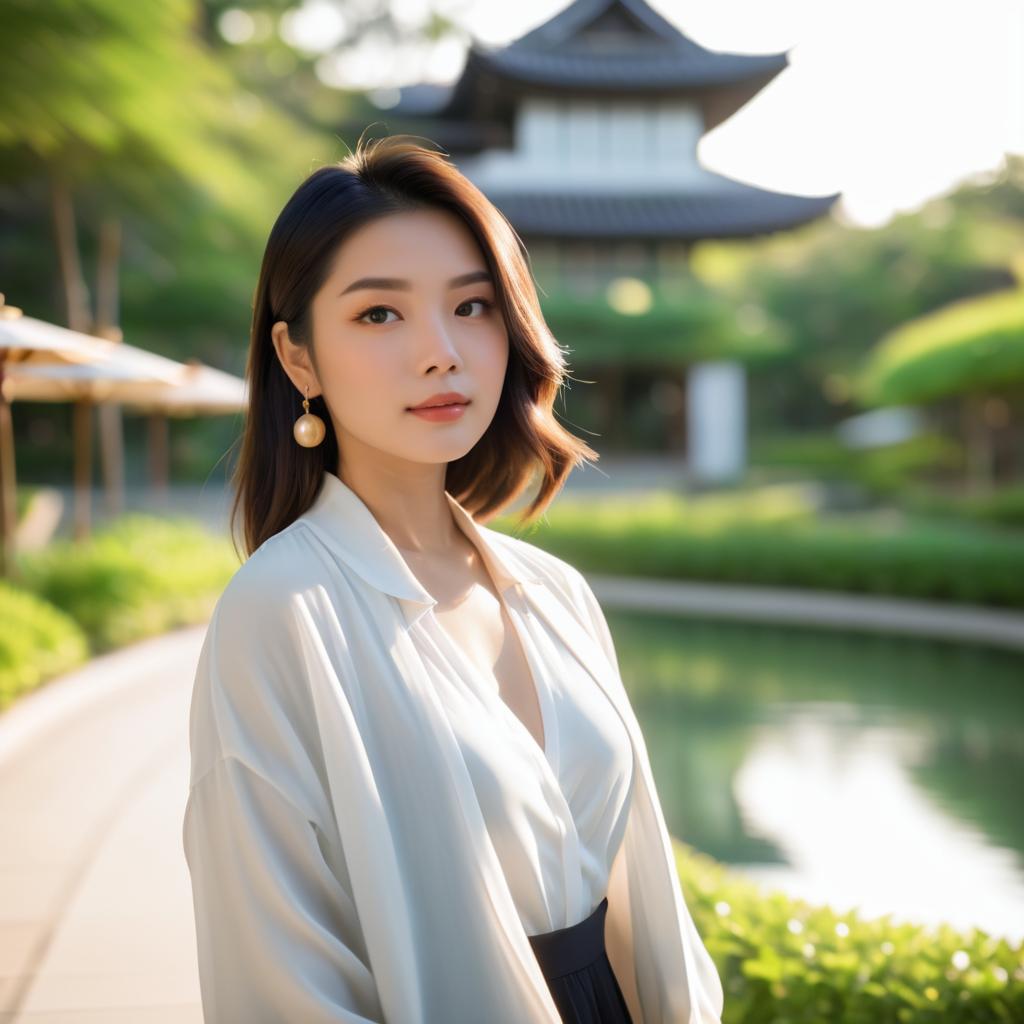 Trendy Asian Woman in Serene Environment