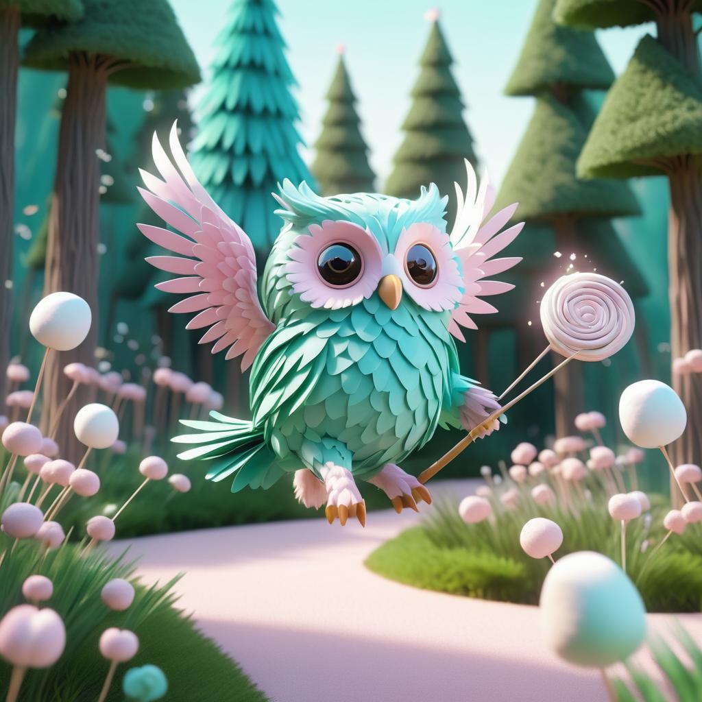 Magical Owl Racing Through a Marshmallow Garden