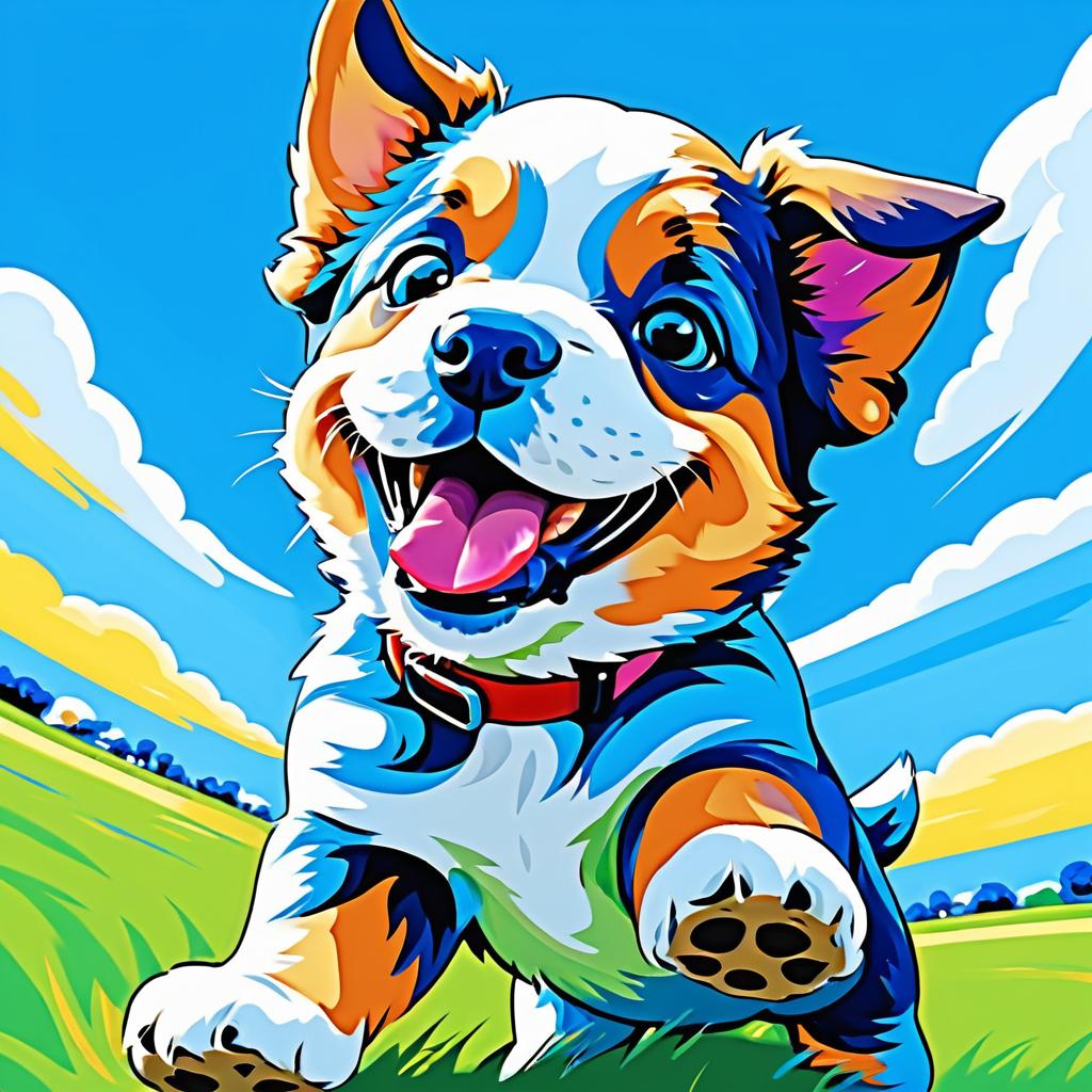 Cheerful Cartoon Puppy in Vibrant Sky