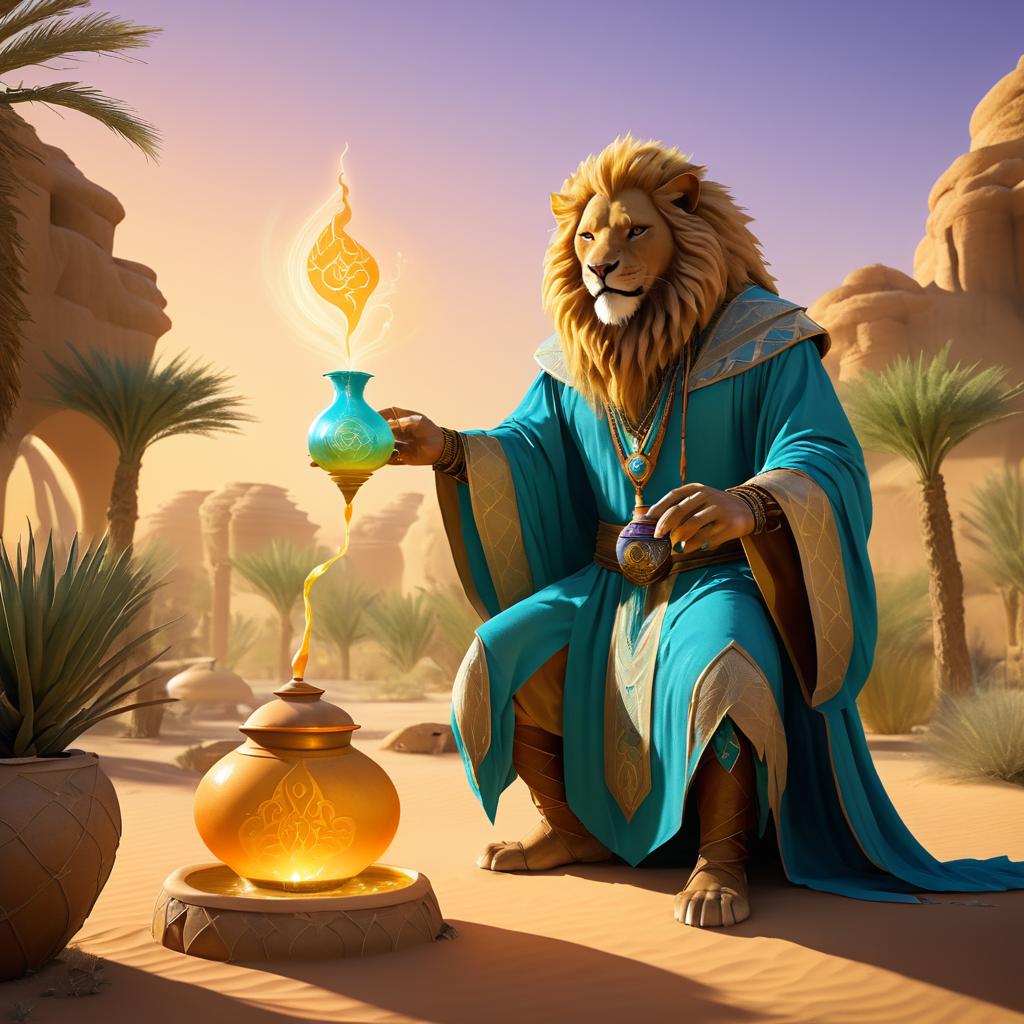 Cinematic Lion Seer in Desert Oasis