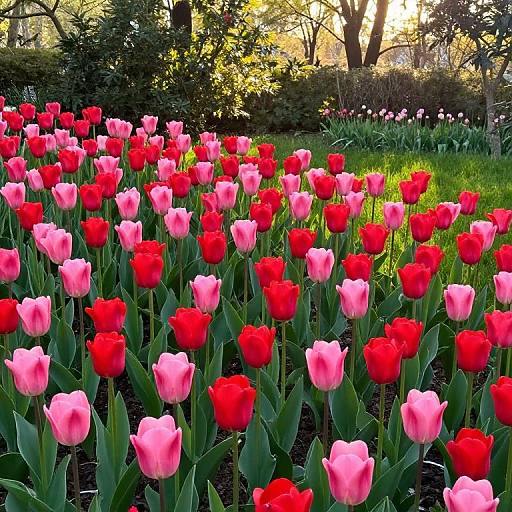 Photograph of vibrant red and pink tulips in a lush garden, with sunlight filtering through trees in the background.
