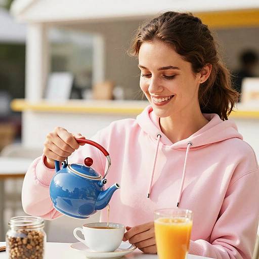 Smiling Woman Pouring Tea Outdoors