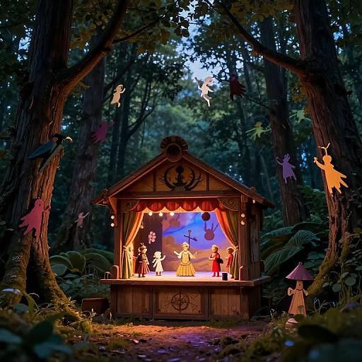 Photograph of a magical forest stage with glowing lights, puppets, and colorful costumes, surrounded by trees, ferns, and flying paper cutouts
