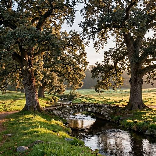 Photograph of a serene, sunlit meadow with a stone bridge over a reflective stream, flanked by tall, leafy trees.