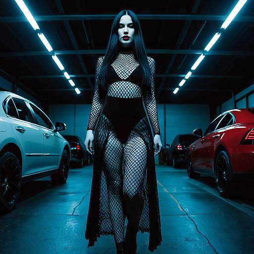 Gothic Fashion in Dimly Lit Garage