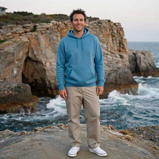 Photograph of a smiling man with short dark hair, wearing a blue hoodie, beige pants, and white sneakers, standing on rocky coastal cliff with waves