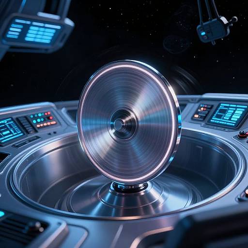 Digital CGI of a futuristic control panel with a glowing, spinning metallic disk at its center, surrounded by illuminated blue and red buttons, set against a dark