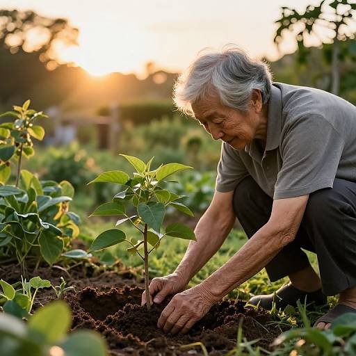 Photograph of an elderly Asian man with gray hair, wearing a gray polo shirt and black pants, planting a young green plant in a lush garden at