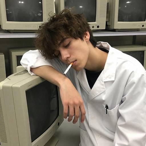 Relaxed Young Scientist in Dim Lab