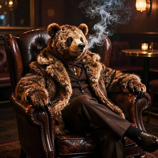 Photograph of a furry bear costume smoking a cigarette in a dark, luxurious leather armchair, wearing a black suit, with warm, dimly lit