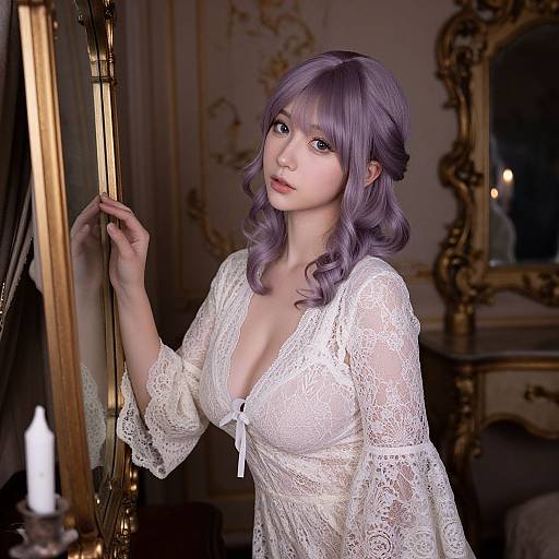 Photograph of a young woman with lavender hair, wearing a lace white dress, standing in an ornate, dimly-lit room, gazing
