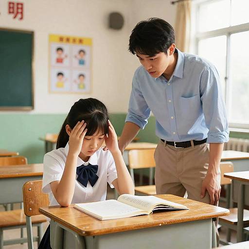 Disappointed Teacher in Vintage Classroom