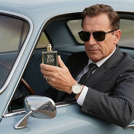 Middle-aged man in black suit, sunglasses, and watch, holding 