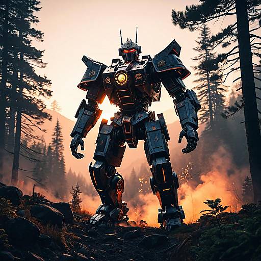 Giant Samurai Robot in Forest at Sunset