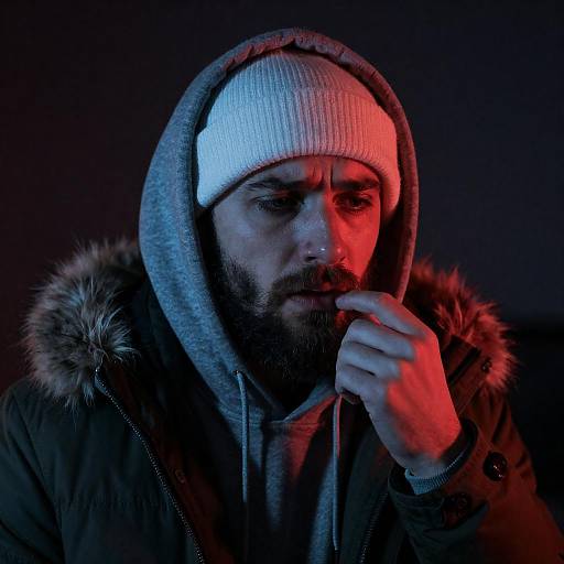 Distressed Bearded Man in Night Lighting