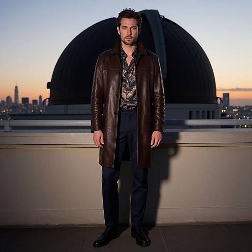 Photograph of a handsome man with short dark hair and beard, wearing a dark brown leather coat, black shirt, and pants, standing against a twilight