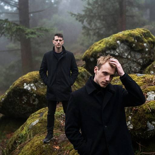 Misty Forest Encounter with Two Men