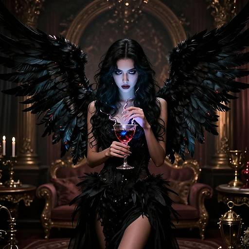 Gothic-style digital artwork of a pale-skinned woman with black wings, dark lipstick, and black feathered dress, holding a glass of red