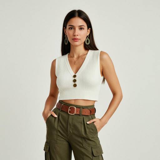 Casual Chic Woman in White Crop Top and Olive Cargo Pants
