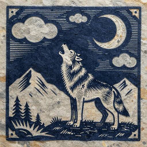 Woodcut Wolf Howling Moon