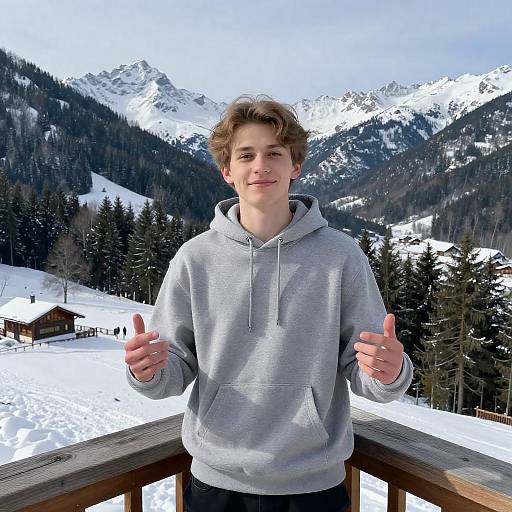 Smiling Young Man on Snowy Balcony