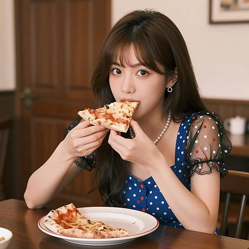 Asian Woman Eating Pizza Slice Indoors