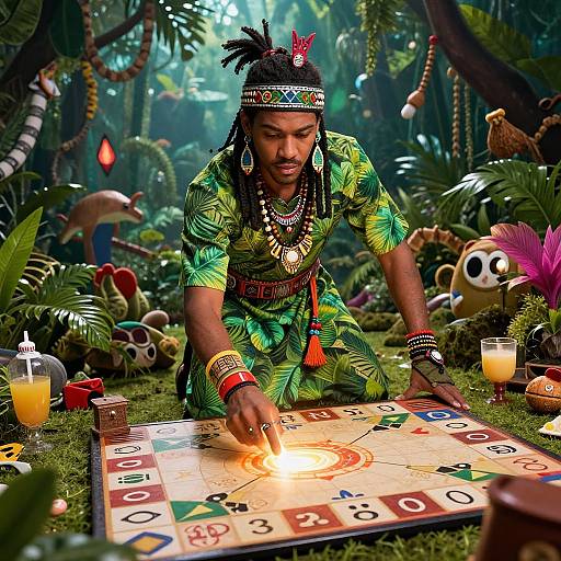 Photograph of a Black man with dreadlocks, wearing green tropical-patterned attire, playing a board game in a vibrant jungle setting, surrounded by colorful