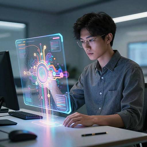 Young Asian man with glasses, wearing a gray button-up shirt, interacts with a glowing, holographic computer screen in a modern office.