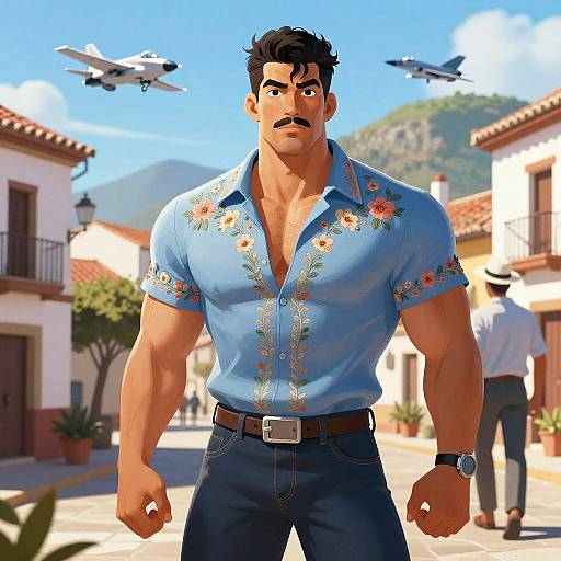 CGI image of a muscular man with dark hair and mustache, wearing a floral blue shirt and jeans, standing in a sunny, Spanish-style town