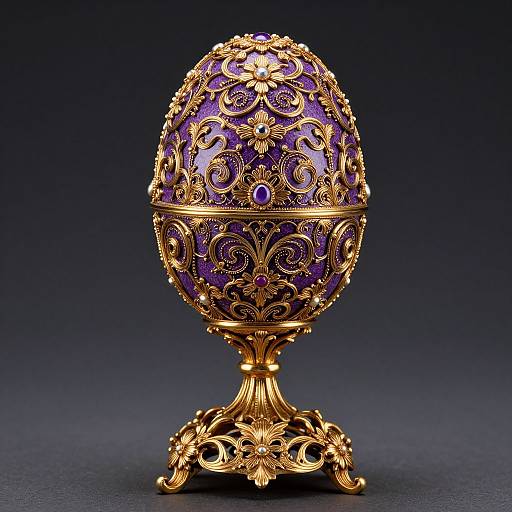 Ornate golden egg with intricate purple floral patterns, standing on an elaborate gold base, against a dark gradient background. Photorealistic digital art.