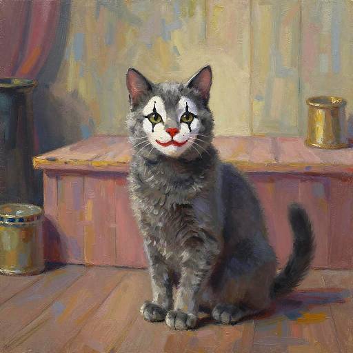 Digital painting of a gray cat with white, exaggeratedly black-painted eyes and a red nose, sitting on a wooden floor in front of a colorful