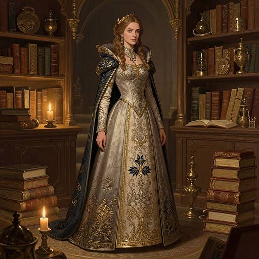 Photograph of a regal woman in an ornate, silver gown with gold embroidery and dark blue cape, standing in a dimly lit, book