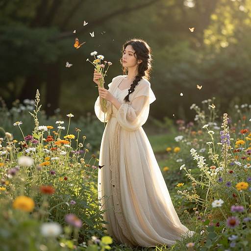 Photograph of a fair-skinned woman with long black hair in a braided ponytail, wearing a flowing white dress, standing in a sunlit