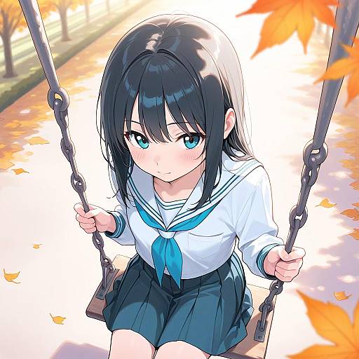 Anime-style digital drawing of a cute, black-haired girl with blue eyes, wearing a white sailor uniform and black skirt, swinging on a playground during autumn