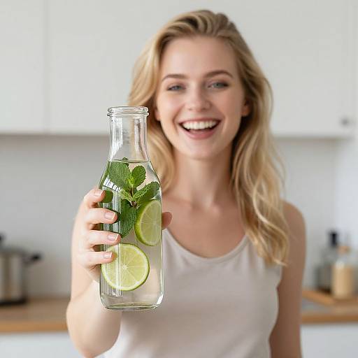 Blonde woman with wavy hair, smiling, wearing white tank top, holding glass bottle with lemon slices and mint, in bright kitchen.