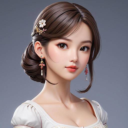 Digital CGI portrait of an East Asian woman with fair skin, dark brown hair in a bun, white flower hairpin, delicate earrings, and a white