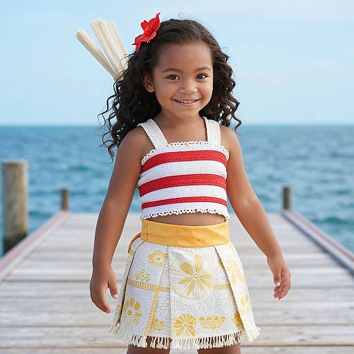 Photograph of a smiling young girl with curly black hair, wearing a red and white striped top, yellow waistband, and white floral skirt, standing