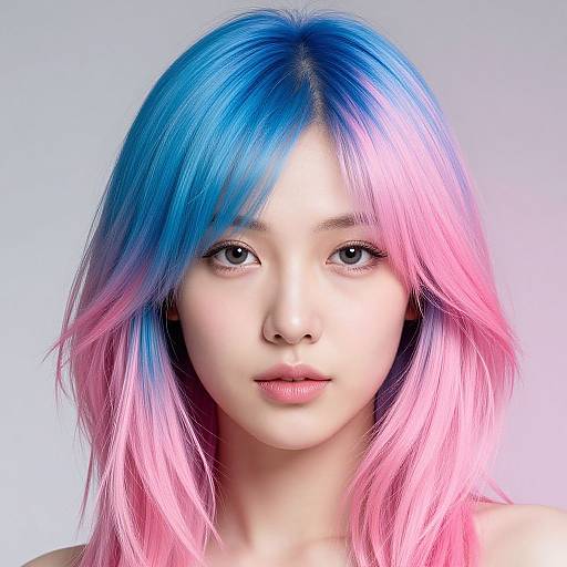 Photograph of an Asian woman with striking blue and pink gradient hair, pale skin, and neutral expression, against a light gray background.