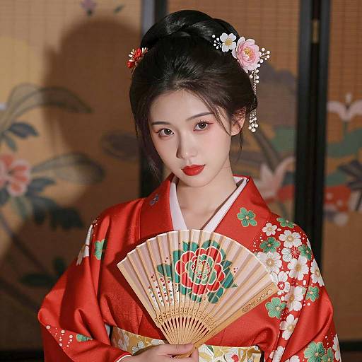 Elegant Asian Woman in Floral Kimono