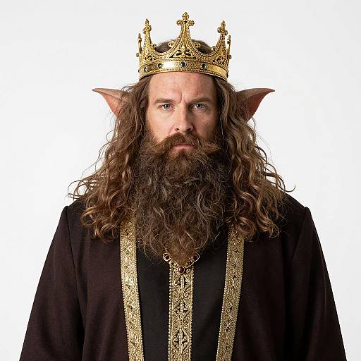 Photograph of a bearded man with long brown hair, elf ears, wearing a gold crown and black robe with gold trim, against a white background