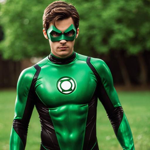 Male in Green Lantern Latex Suit Outdoors