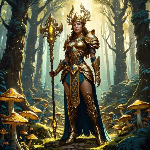 Warrior Queen in Ornate Golden Armor in Enchanted Forest
