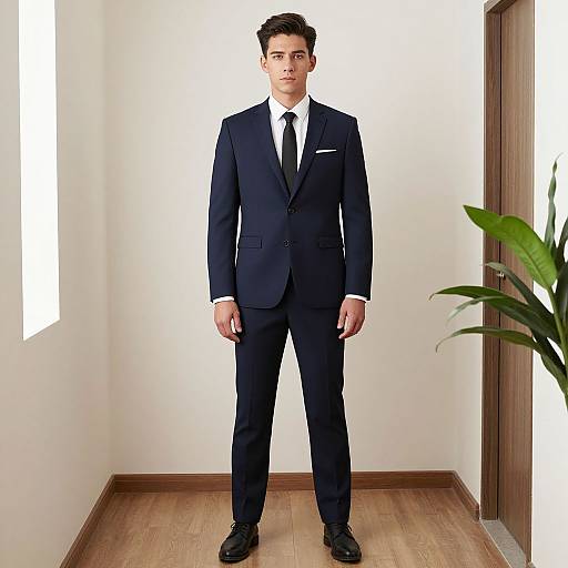 Photograph of a young, fair-skinned man with short dark hair, wearing a dark navy suit, white shirt, and black tie, standing in