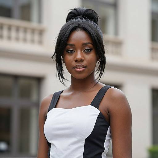 Photograph of a young African American woman with dark skin and black hair in a high ponytail, wearing a black and white sleeveless dress, standing